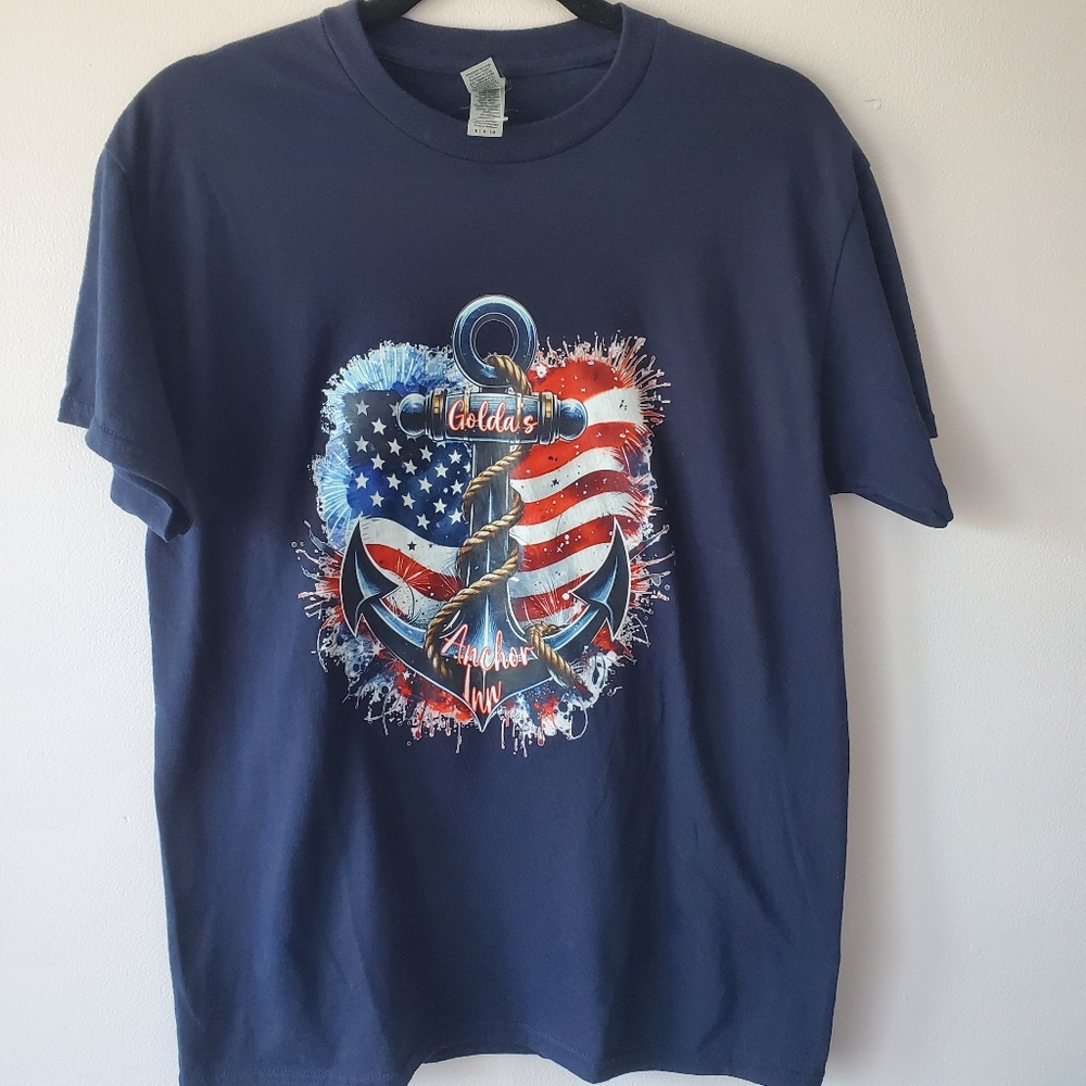 Men Gildan Navy Blue American Flag Anchor Graphic Tee Shirt M Casual Streetwear